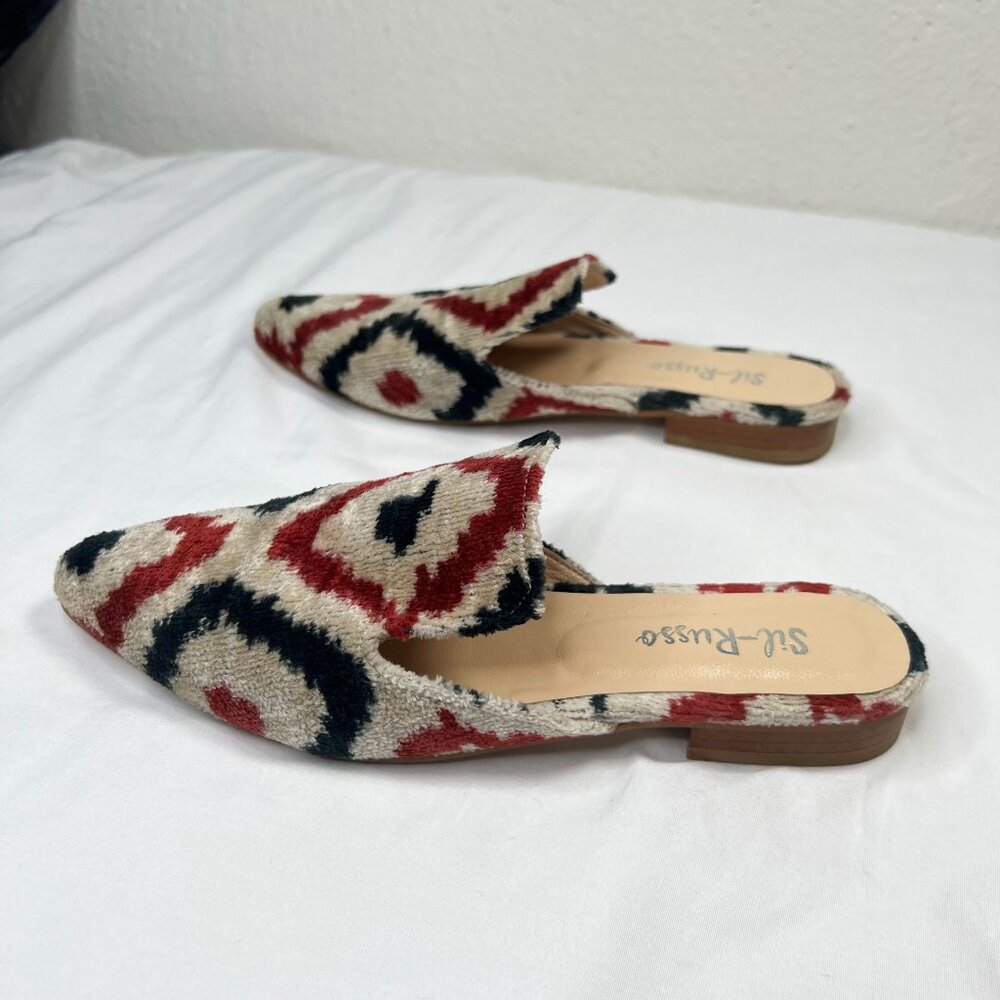 Sil-Russo Ikat Tapestry Mules Flats Slides Geometric Ivory Red Black 38 US 7-7.5 - Picture 5 of 10